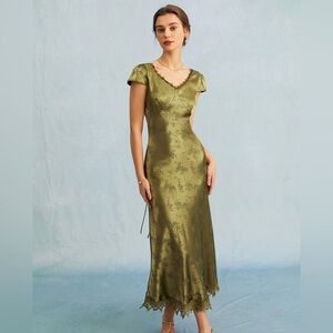 RIHOAS Olive Green Floral Satin Dress